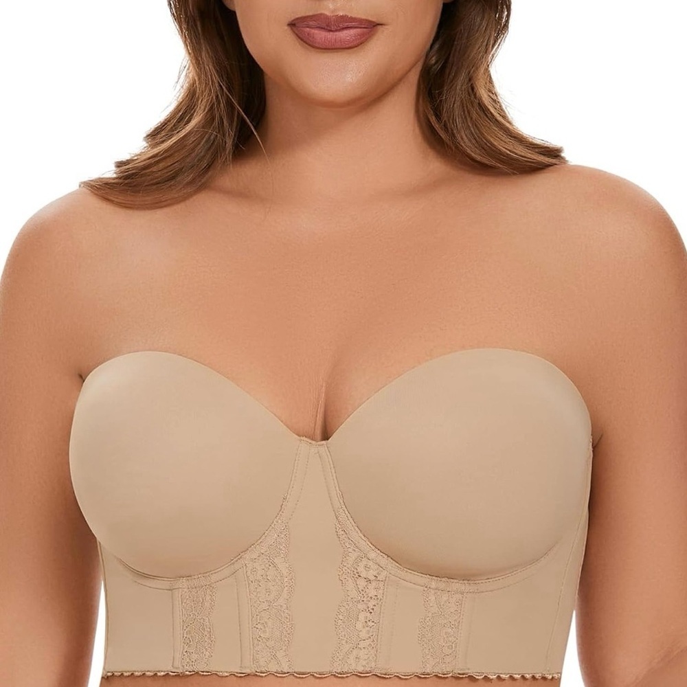COOVOICE Women Strapless Dark beige Lace Longline Bra SZ 38DD